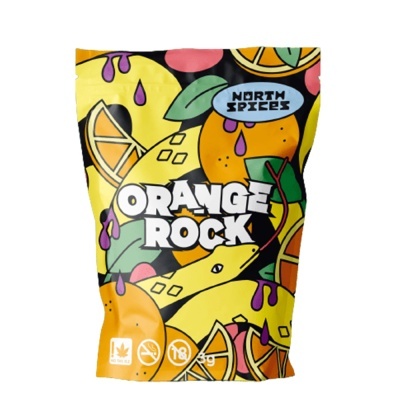 Embalagem colorida com ilustrações de frutas cítricas e cobra, texto Orange Rock e North Spices