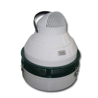 Ventilador branco industrial com alça preta e etiqueta trau