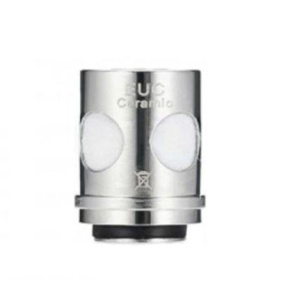Resistência para vape prateada com janelas circulares de algodão branco e texto EUC Ceramic