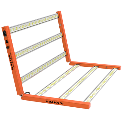 Luz LED para cultivo com estrutura metálica laranja e várias linhas de LEDs