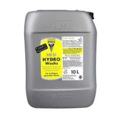 Recipiente plástica cinza de 10 litros com rótulo amarelo e branco HESI HYDRO Wuchs