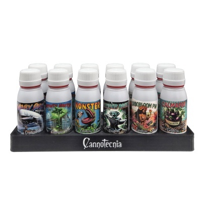 Frascos brancos variados com etiquetas coloridas em suporte preto com texto Cannotecnia