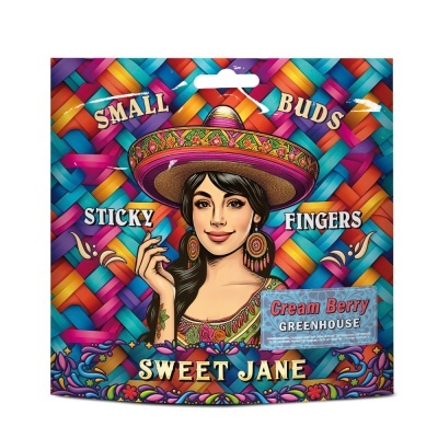 Embalagem colorida com ilustração de mulher e texto promocional
