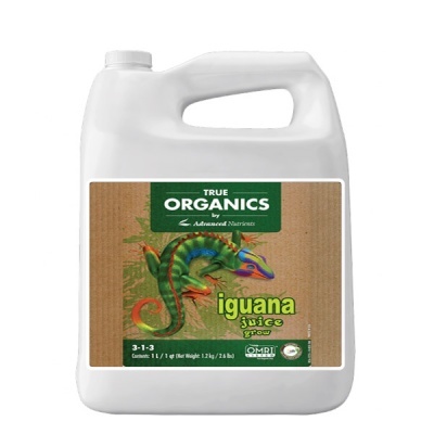 Frasco branco de 1 litro de produto orgânico iguana juice grow com imagem de iguana colorida.