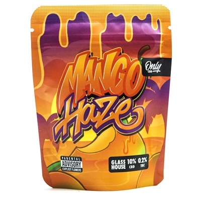 Embalagem de plástico Mango Haze com ilustração de manga e texto informativo