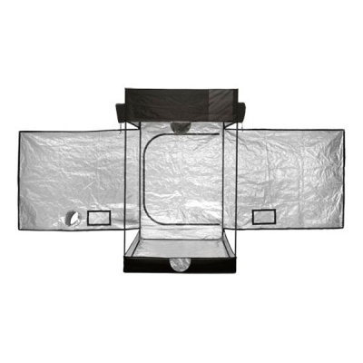 tenda de cultivo preta e prata com portas laterais abertas