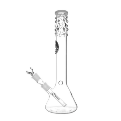 Cachimbo de água em vidro transparente com base cónica e padrões na parte superior