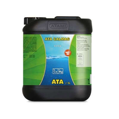 Recipiente plástico preto com rótulo verde e azul ATA CALMAG