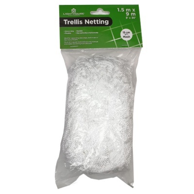 Rede branca para treliça em embalagem de plástico com etiqueta verde e preta