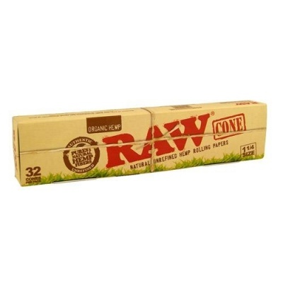 Caixa de papelotes RAW 1 1/4 tamanho com 32 cones de cânhamo orgânico