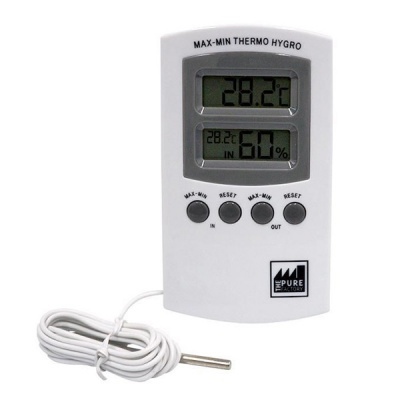termómetro e higrómetro digital branco com visor LCD e cabo de sonda