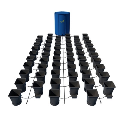 Sistema hidropónico com vasos pretos e reservatório azul