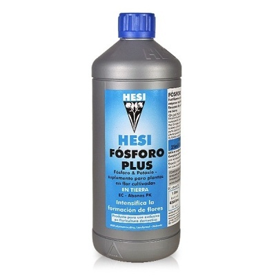 Frasco cinzento de plástico com rótulo azul e tampa azul de suplemento para plantas HESI Fósforo Plus.