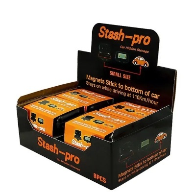 Caixa preta e laranja com produto Stash-pro para armazenamento escondido no carro