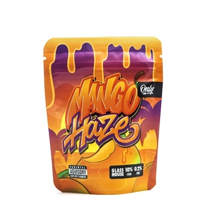 Embalagem colorida laranja e roxa com texto Mango Haze e informações de CBD