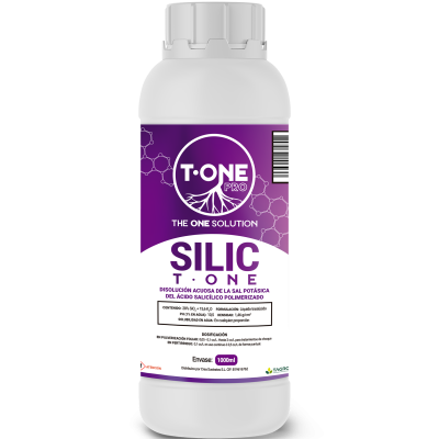 Frasco branco com rótulo roxo e branco de produto T-ONE PRO SILIC TONE