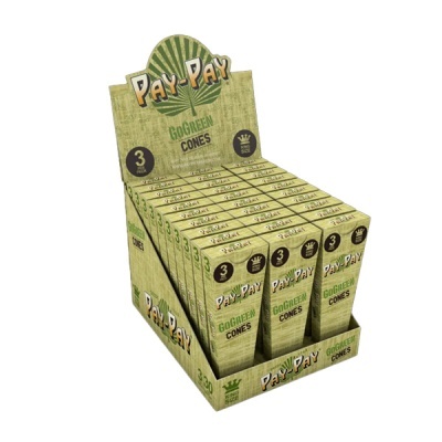 Expositor com caixas de cones de papel PAY-PAY Go Green verdes e amarelas