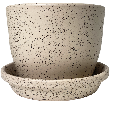 vaso cinza com manchas negras com prato correspondente