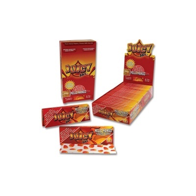 Papel de enrolar Juicy Jay's sabor Melão-Mango em embalagem vermelha e laranja