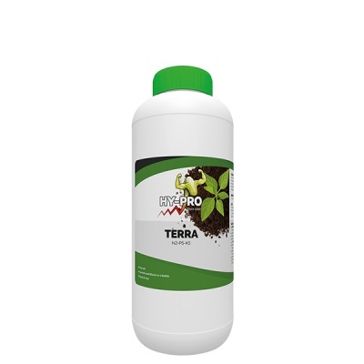 Frasco branco com tampa verde e rótulo HY-PRO TERRA com planta e terra