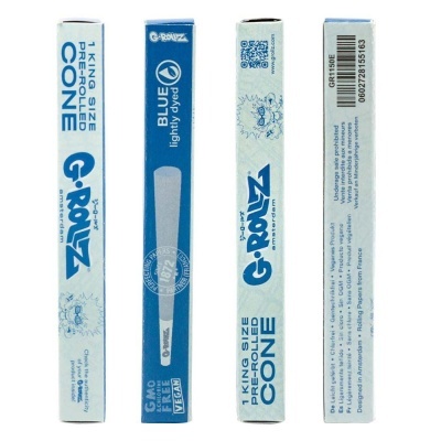 Embalagens azuis e brancas de cone pré-enrolado G-ROLLZ King Size