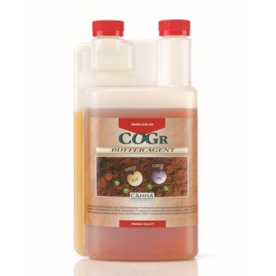 Frasco plástico com líquido castanho e etiqueta COGR BUFFER AGENT da CANNA
