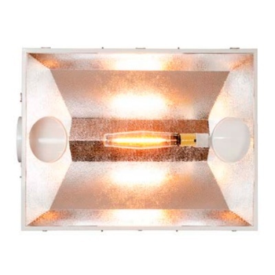 Luminária de teto retangular prateada com lâmpada tubular visível