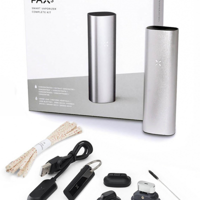 Kit completo PAX 3 Smart Vaporizer com vários acessórios e caixa branca