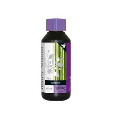 Frasco de produto BcuZz Silic Boost com tampa roxa e rótulo com imagem de bambu