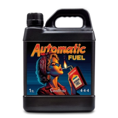 Frasco preto com rótulo colorido de combustível Automatic Fuel