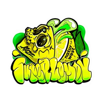 Desenho gráfico de bebida de limão com textos Haze, natur west e Super Lemon
