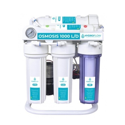 Filtro osmose inversa Hydrofow com três cartuchos e manómetro