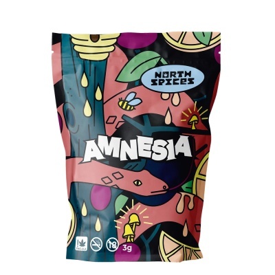 Embalagem colorida com cobra rosa e texto AMNESIA