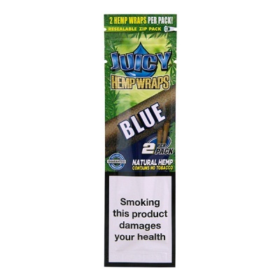 Embalagem de Juicy Hemp Wraps Blue com texto e aviso de saúde
