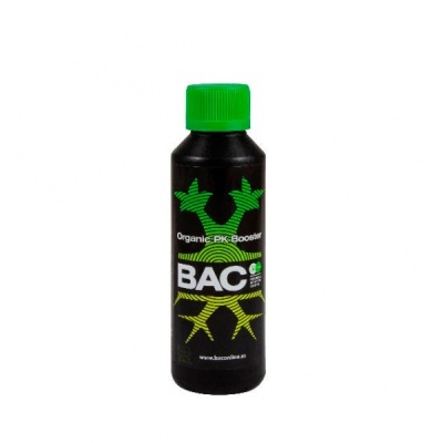 Frasco preto com tampa verde e etiqueta com texto Organic PK Booster e BAC