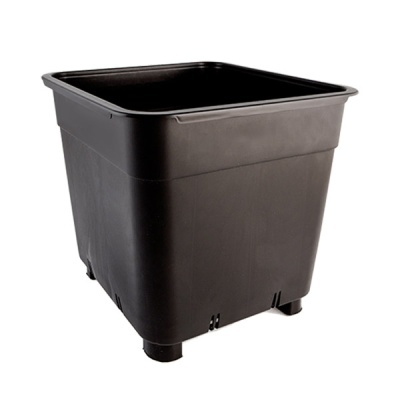 Vaso quadrado preto em plástico com pernas pequenas na base.