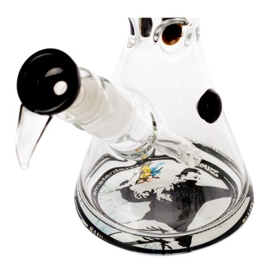 Cachimbo de vidro transparente com base decorada e detalhes pretos