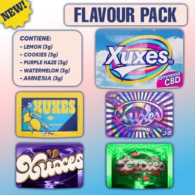 Flavour Pack Xuxes com cinco produtos em embalagens coloridas e texto de sabores