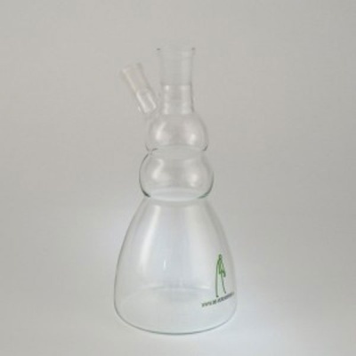 Frasco de vidro transparente com conexões e logótipo verde
