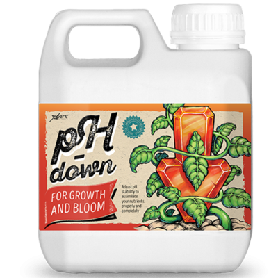 Frasco branco de pH down com rótulo colorido com ilustração e texto em inglês