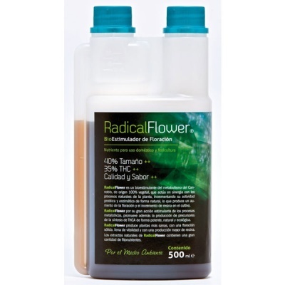 Frasco branco com tampa azul e rótulo verde RadicalFlower bioestimulador
