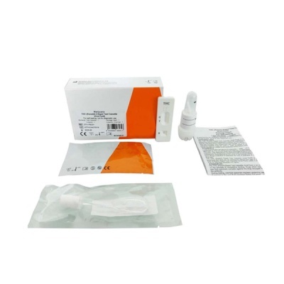 Kit de teste rápido THC com embalagem branca e laranja e acessórios