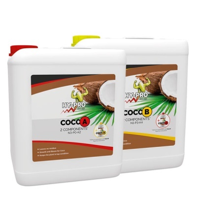 Recipientes HY-PRO COCO A e B com tampas coloridas e rótulos com coco e folhas verdes