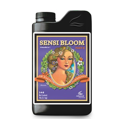Frasco preto com rótulo roxo e imagem de mulher, texto SENSI BLOOM PART B