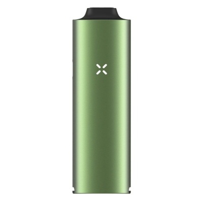 Vaporizador portátil verde metálico com topo preto e símbolo branco X