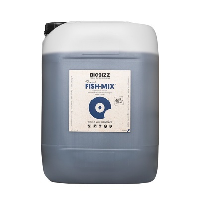 Recipiente plástico grande com líquido azul escuro e etiqueta branca BIOBIZZ FISH-MIX