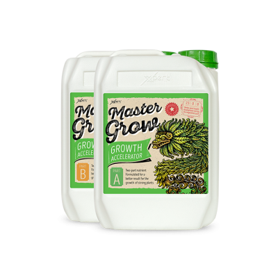 Dois recipientes brancos com tampas verdes e etiquetas coloridas Master Grow