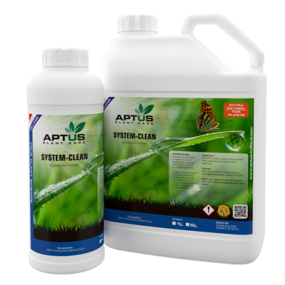 Duas embalagens de produto de limpeza para plantas Aptus SYSTEM-CLEAN branco com rótulos verdes e azuis