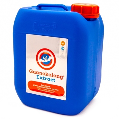 Contentor azul de plástico com tampa laranja e etiqueta branca Guanokalong Extract