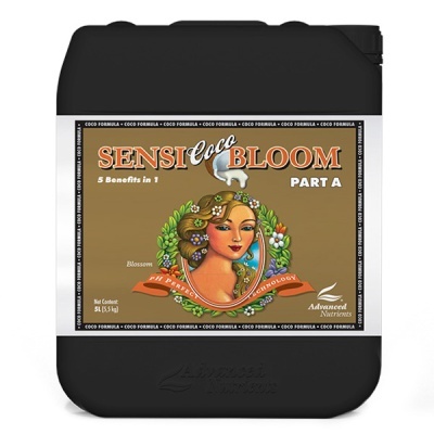 Recipiente preto Sensi Coco Bloom Part A com etiqueta castanha e ilustração colorida